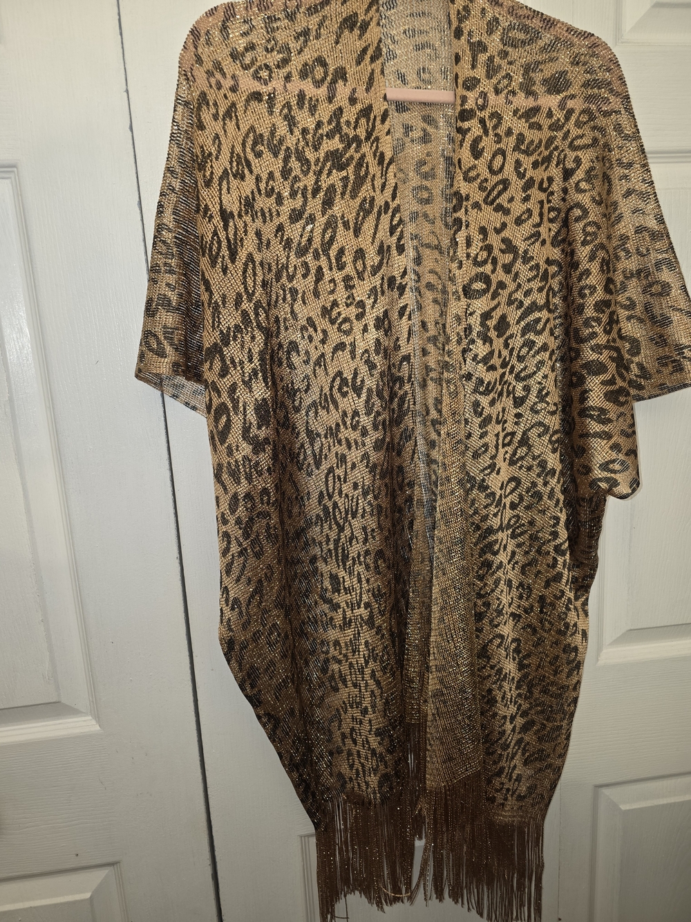 Leopard Print Fringe Kimono Swim Cover-Up - Brown